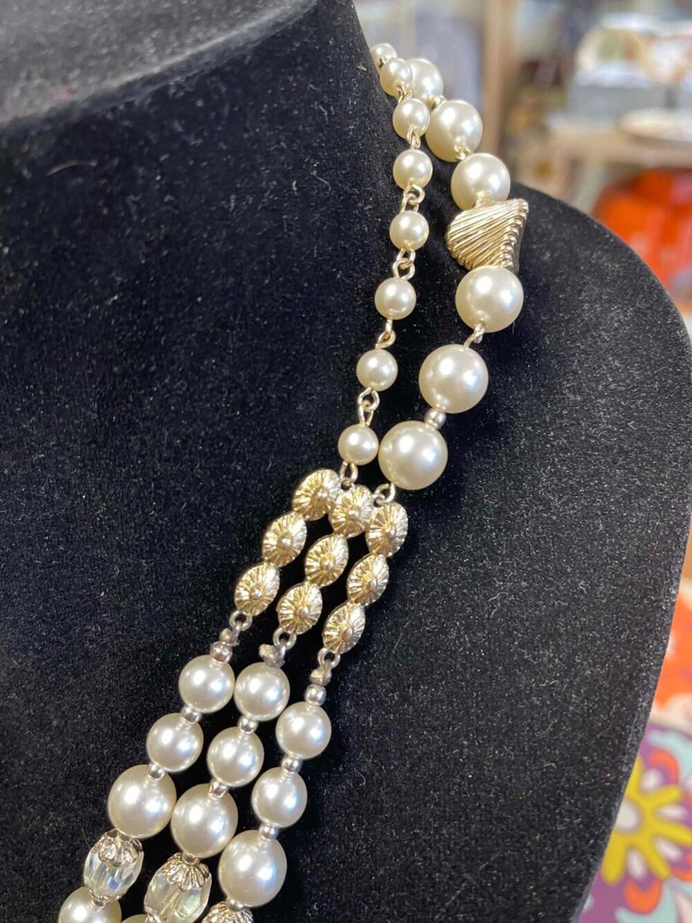 Vintage Gold and Faux Pearl 3 Strand Necklace - Picture 3 of 7